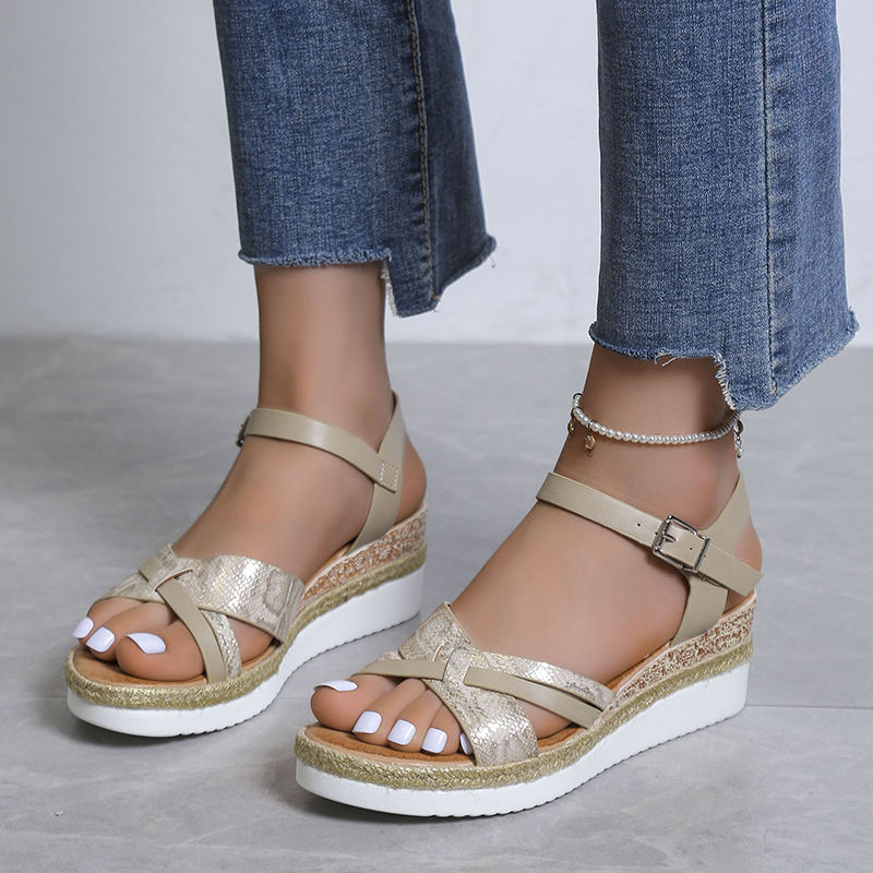 Zomer Sleehak Sandalen Voor Vrouwen Gesp Band Platform Rome Sandalen Vrouw Open Teen Dikke Bodem No-Slip Sandalias Mujer Plus Size: Beige / 36