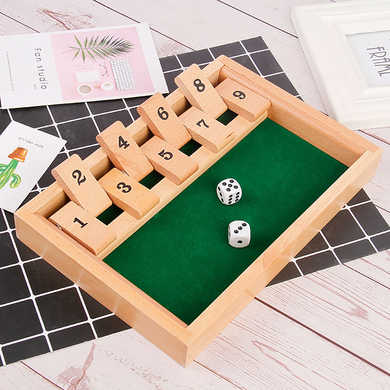 4 Sided 10 Numbers Shut The Box Board Game Wooden Mathematic Traditional Pub Board Dice Game Family Travel Fun Game Set ship: Default Title