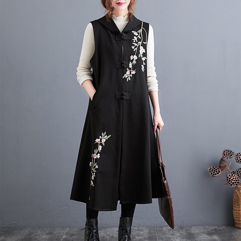 Chaleco para mujer, novedad de , chalecos con estilo chino para mujer, chaqueta sin mangas, bordado Vintage, chaleco largo y delgado étnico 11424: 2 / XL