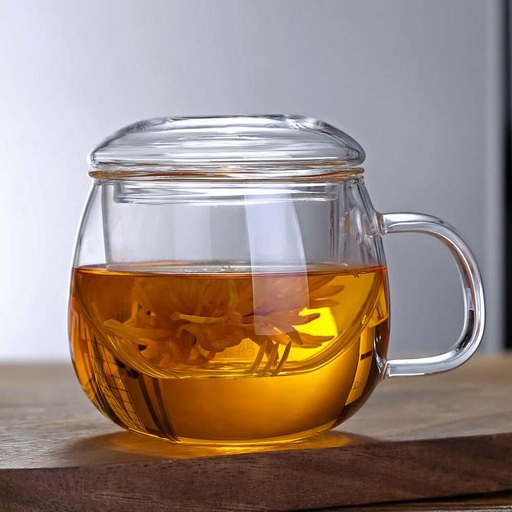 Behogar 12oz Clear Borosilicate Glass Teacup Cups Kettle Mini Teapot with Infuser Basket and Lid for Loose Tea Leaf Brewing