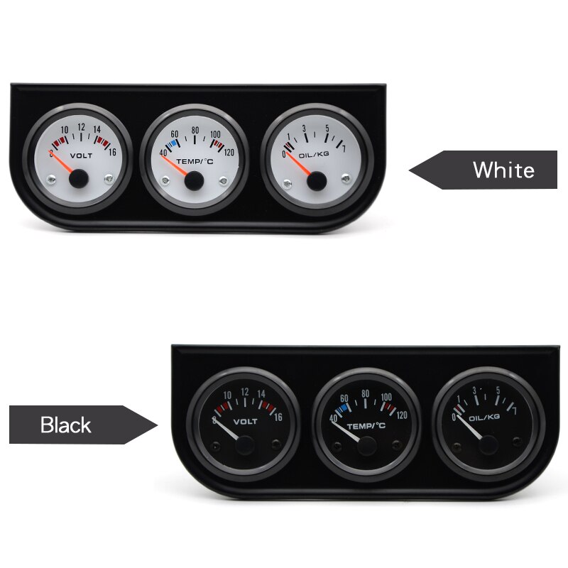 Water Temp Oil Pressure Volt Gauge 52mm 3 in 1 Triple Gauge Kit Black Bezel Black/White Face Color With Temp &amp; Pressure Sensor