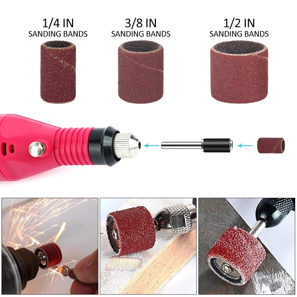 384pcs Drum Sanding Kit 80# 120# 180# Nail Drill Bits Abrasive Tools Sanding Band Polish Dremel Sandpaper Shank Rotary Tools