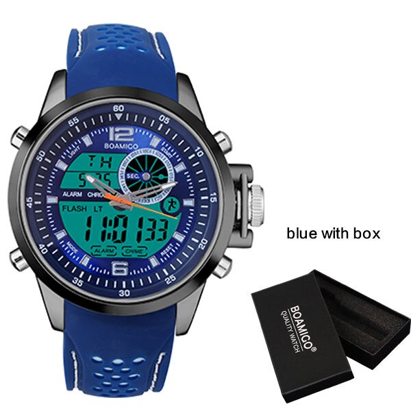 Boamigo Mannen Sport Horloges Wit Multifunctionele Led Digitale Analoge Quartz Horloges Rubber Band 30 M Waterdicht: blue with box