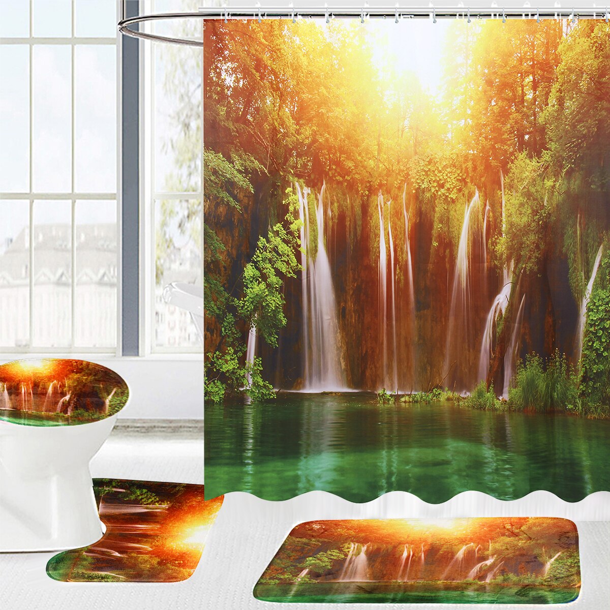 Coastal Strand Landschap Gedrukt Patroon Douchegordijn Voetstuk Tapijt Deksel Wc Cover Mat Badmat Set Badkamer Gordijnen Met Haken: H 4PCS