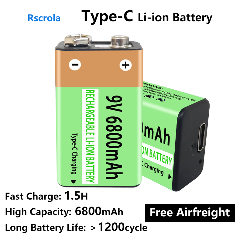 Long-Lasting 9V Rechargeable Battery 6800mAh Type-C Fast Charge Battery for Multimeter, Guitar Pedal, Microphone, Smoke Detector