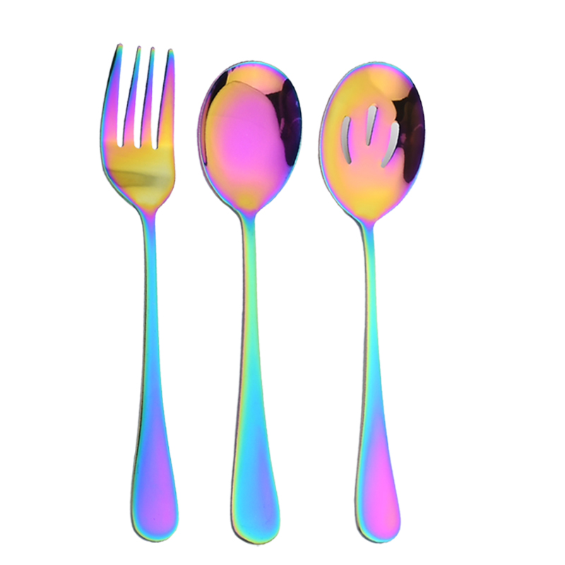 Stainless Steel Serving Spoon Western Restaurant Public Rainbow Cutlery Soup Ladle Colander Fork Shovel Distributing Spoons