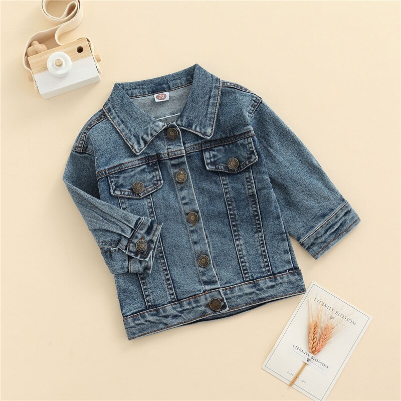 Blotona Toddler Kid Girl Boy Coat, manica lunga Denim risvolto bottoni Cardigan primavera autunno allentato Outwear Tops, 6Months-4Years