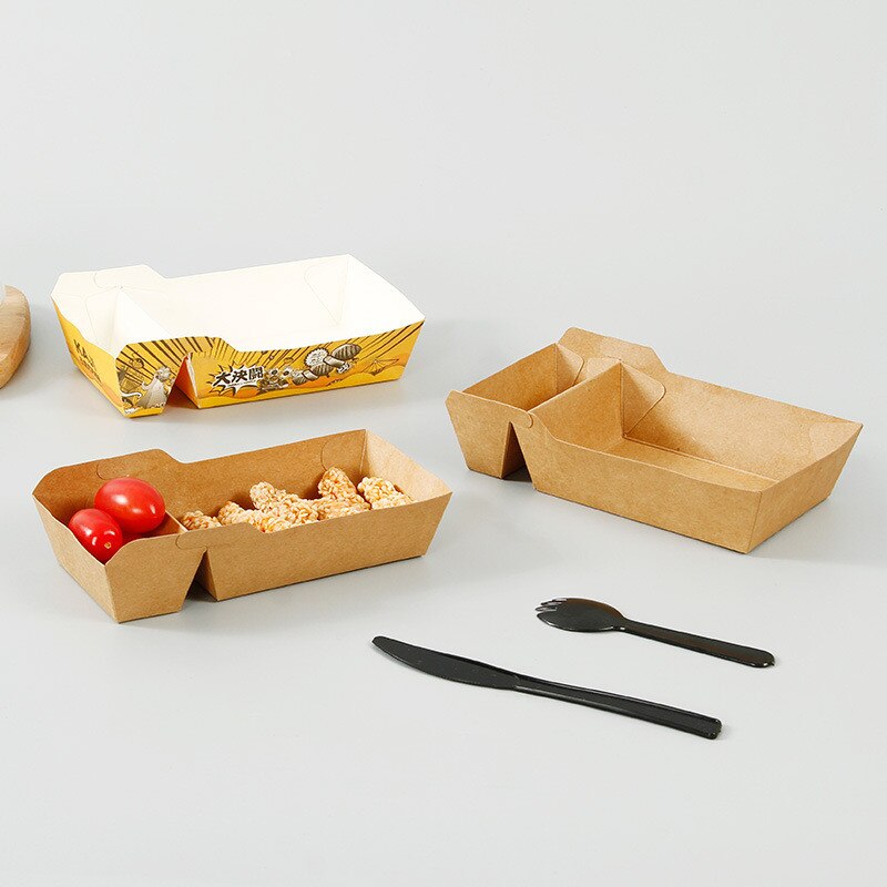 50pcs Disposable Kraft Paper Food Serving Tray Two Grids Snack French Fries Chicken Salad Carton Take Out Containers For Party
