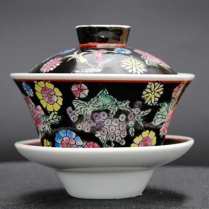 Antique Jingdezhen Antique Porcelain Pastel Black Flower Cover Bowl Hand Painted Factory Goods Covered-bowl