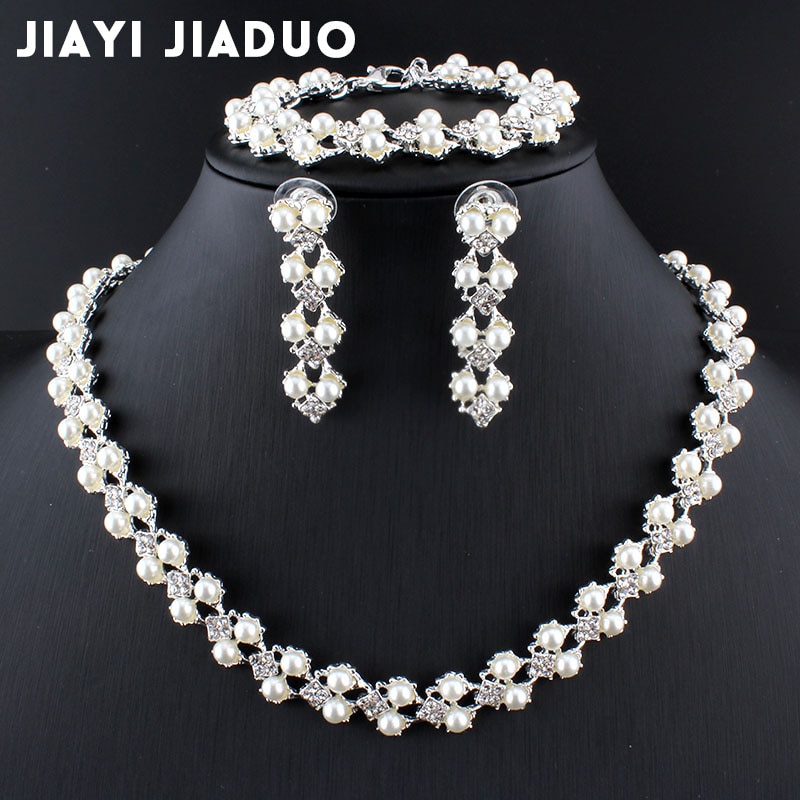Jiayijiaduo conjunto de jóias simples moda imitação pérola cor prata colar pulseira brinco para acessórios de casamento feminino