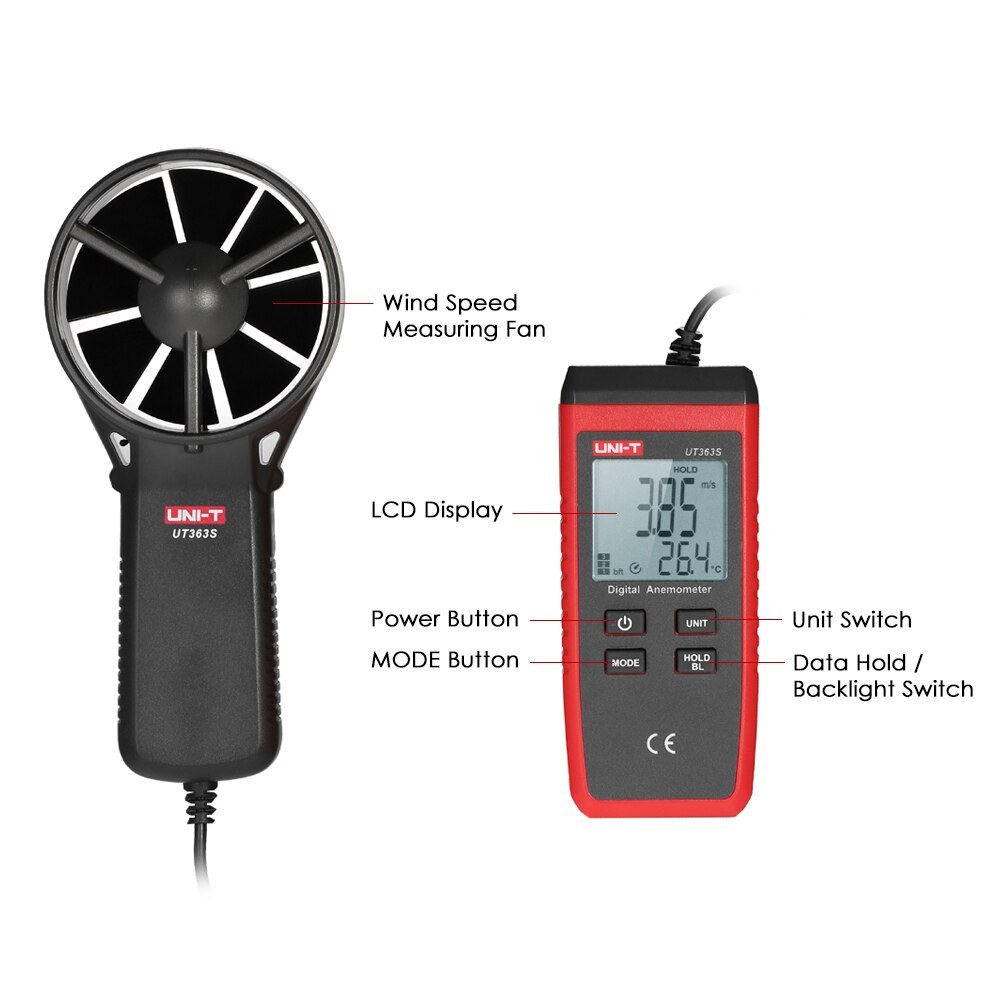 UNI- T UT363S Anemometer Mini LCD Digital Anemometer Handheld Wind Speed Meter Air Velocity Temperature Tester