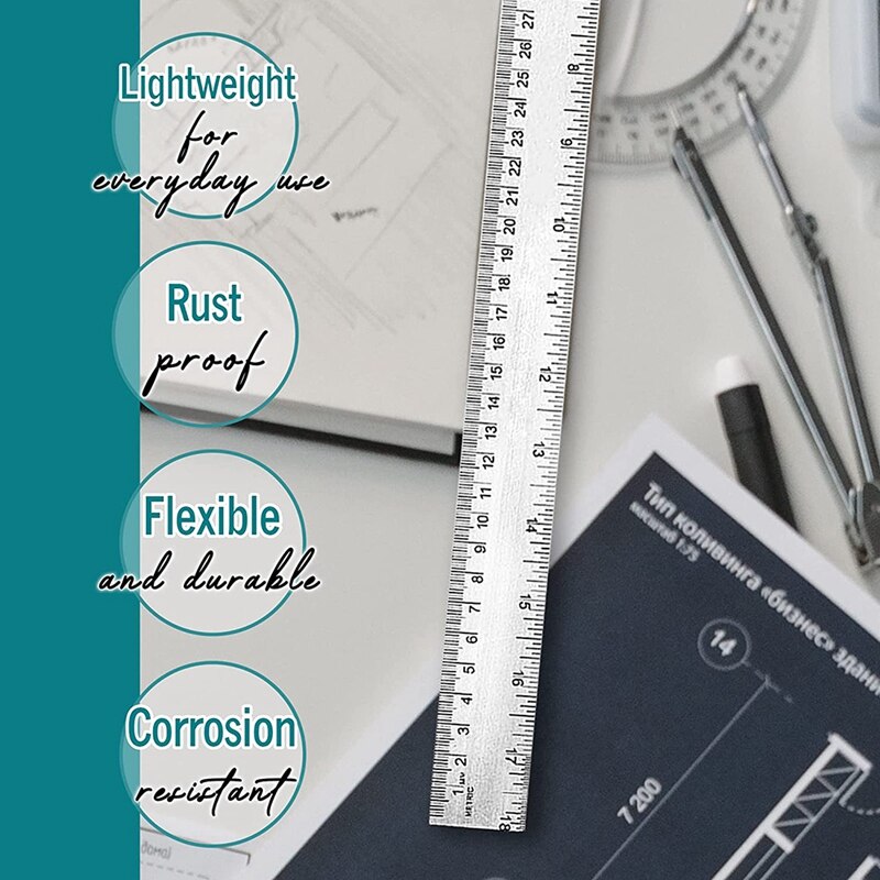 Metal Ruler -Precision Ruler 18 Inch - 3 Stainless Steel Ruler, Cork Backed Ruler Flexible Metal Rulers -Inch And Metric