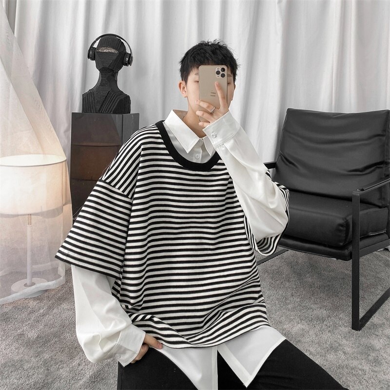 Hommes orthographe couleur rayure manteaux faux deux pièces Patchwork chemise hawaïenne manchette française hommes chemises Camisa Masculina