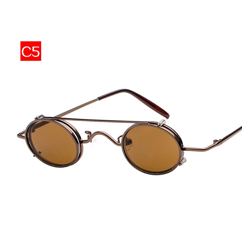 Oulylan kleine ronde steampunk zonnebril voor heren, retro vintage metal punk clip-on zonnebril voor heren, kleine ovale bril  uv400: C5