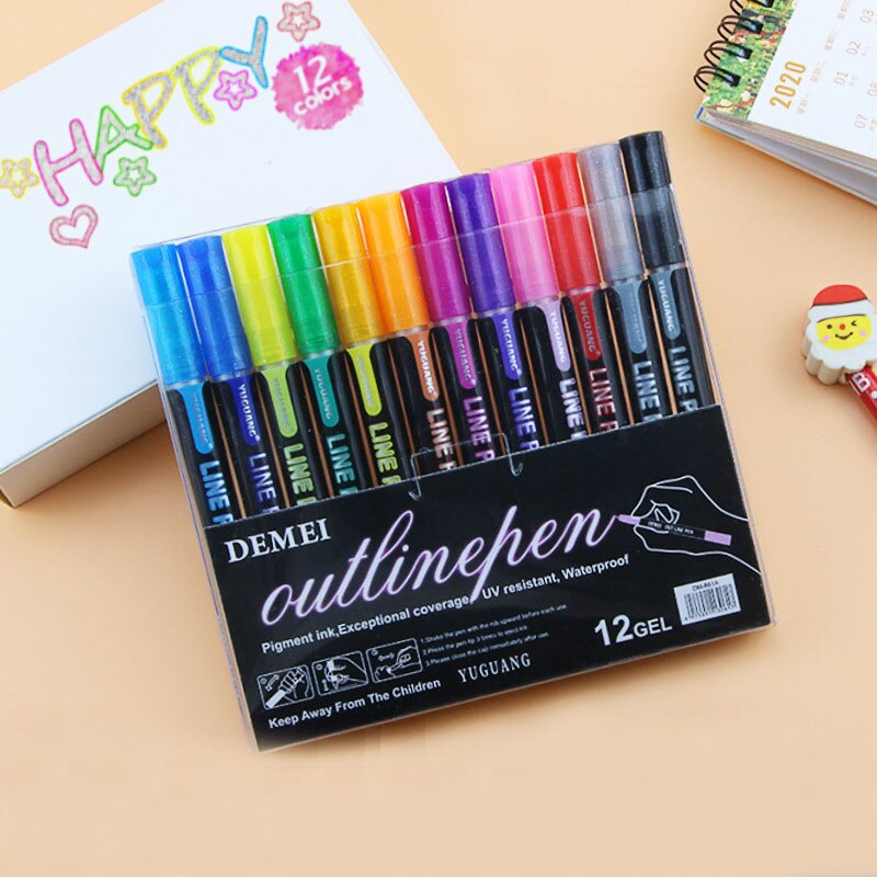 Double Line Outline Pens, 12 Colors Self-Outline Metallic Markers Glitter Writing Drawing Pens for DIY Art Crafts,