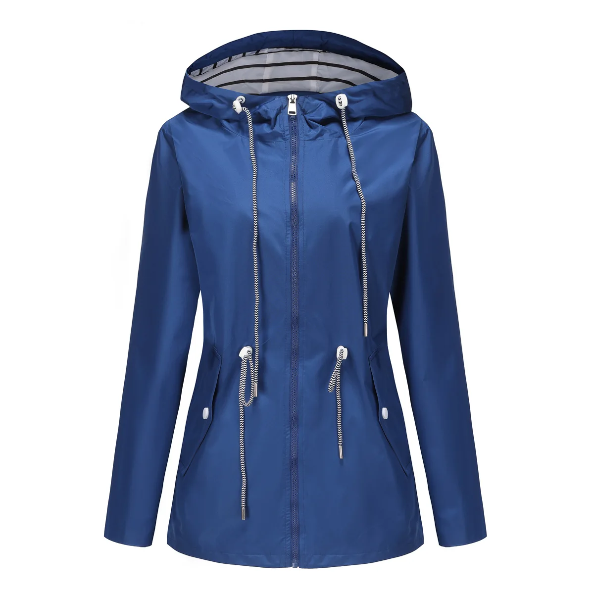 Blue Waterproof Hooded Jacket Women Casual Coat Waist Drawstring Tie Zipper Switch Red Green Yellow Black Windbreaker