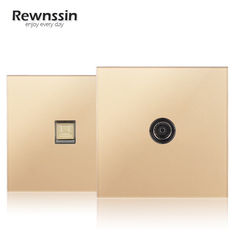 Double Socket Internet Socket Phone RJ45 Network Port Data TV Wall Socket PC Data Female Socket Luxury Gold Crystal Glass Panel