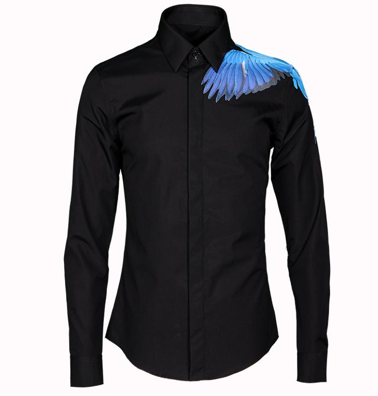 Lyxig flygande minlgu fåglar tryckt skjorta män casual långärmad slim fit herrklänning plus size 4xl skjortor man: Svart / Xl