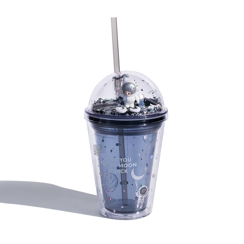 Vattenflaska kaffemugg söt vattenflaska för tjejer kawaii bling isolering astronaut tecknad film kopp vattenflaska med halm: Grå