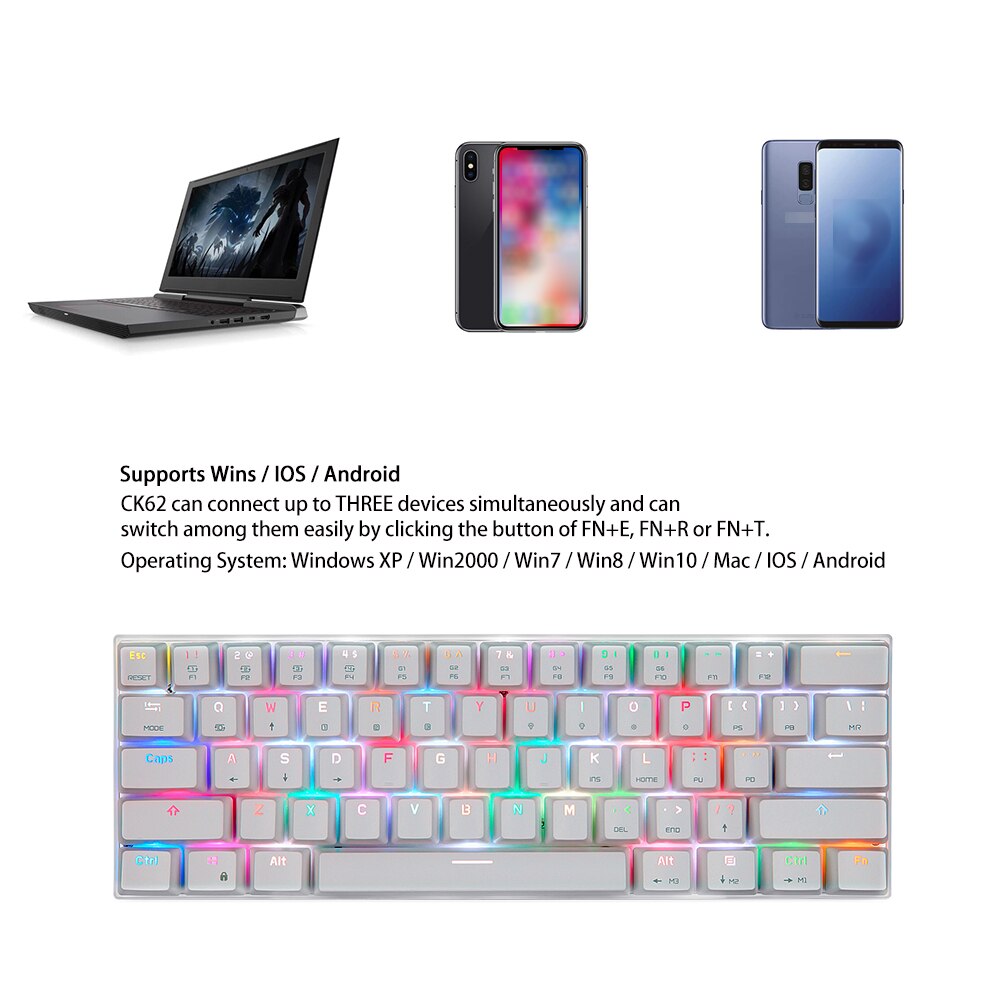 Motospeed CK62 BT3.0 USB clavier filaire rvb clavier mécanique claviers de jeu pour tablette ordinateur portable Smartphone commutateurs bleu et rouge