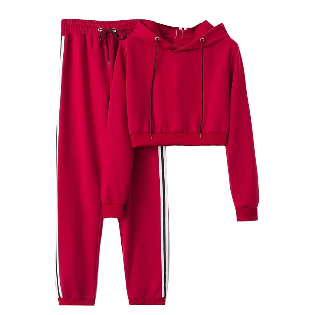 2 Piece Set Women Winter Women's Sports Suit Women Casual Sportswear Suit Trousers Set Long Sleeve Crop Tops + Pants#3: M / Red