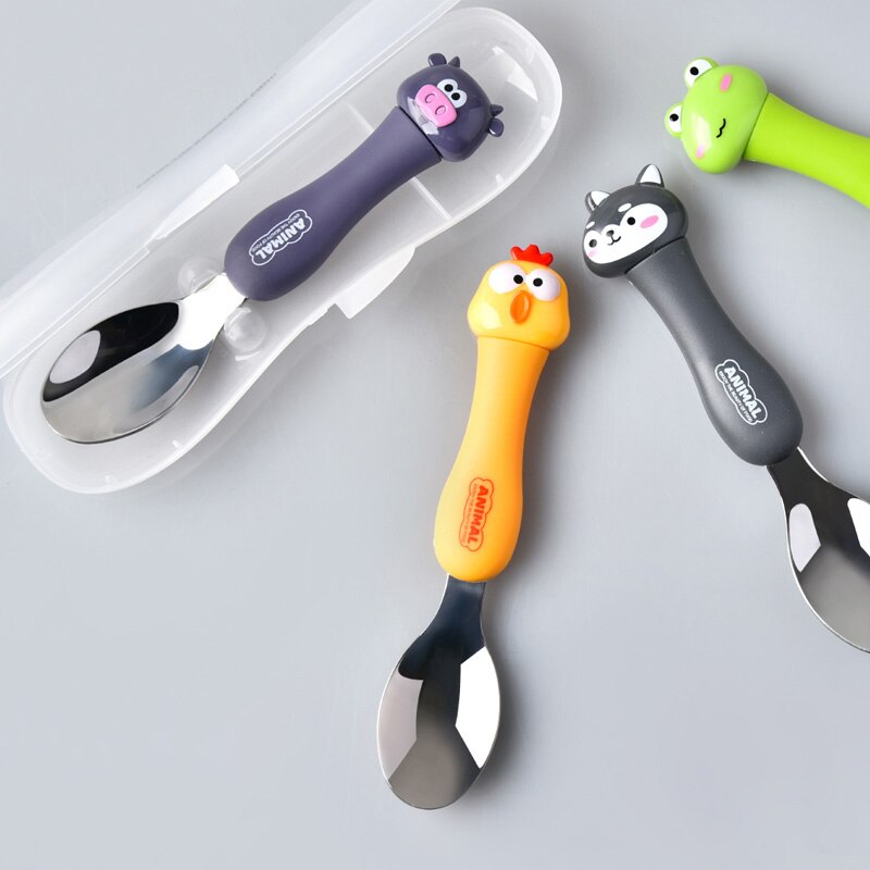 WHYOU Cartoon Stainless Steel Spoon Set Children Kid School Portable Outdoor Travel Cutlery With Storage Box