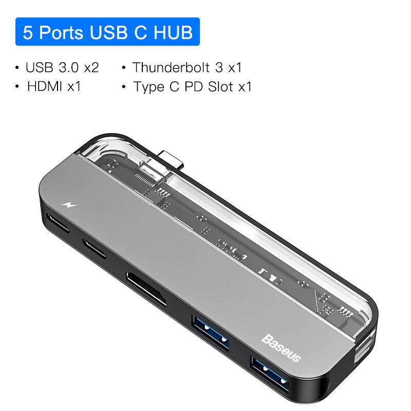 Baseus USB C HUB USB HUB to USB 3.0 HDMI Adapter for MacBook Pro Air HUB Thunderbolt 3 Dock RJ45 USB Splitter Dual Type C HUB: 5 in 1 Single Type C