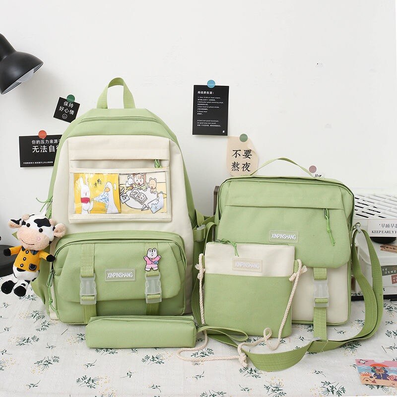 4 unids/set de lona mochilas para mujeres lindo bolsas para la Escuela de las niñas adolescentes bolsas los estudiantes mochilas para mujer mochila: Green cards / Only backpack