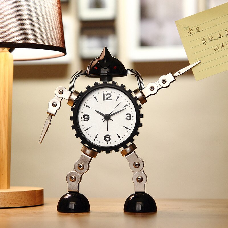 Metal robot student uses cartoon children&#39;s silent alarm clock cute little alarm clock bedside clock: black