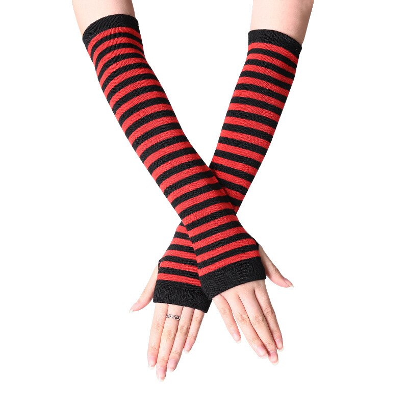 Vrouwen Lady Gestreepte Elleboog Handschoenen Warmer Gebreide Lange Vingerloze Handschoenen Elleboog Wanten Kerst Accessoires