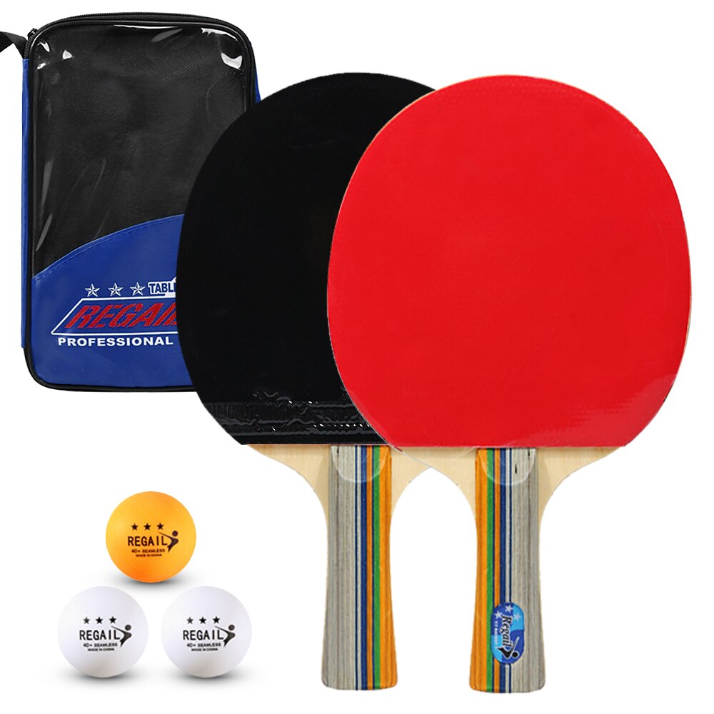 Pingpongbatjes, tafeltennisbatjes, 2 pingpongbats, 3 ballen, lange korte steel, pingpongracket trainingsaccessoires: Lange steel blauw