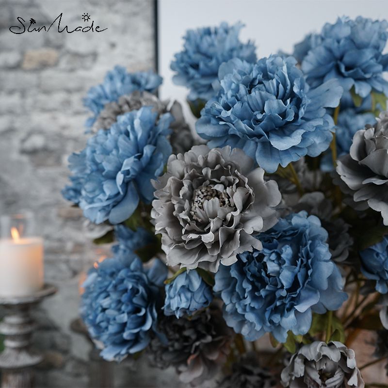 Sunmade 3-Head Grote Pioen Tak Kunstbloemen Woonkamer Decoratie Bruiloft Fall Decor Bloemstuk Diy