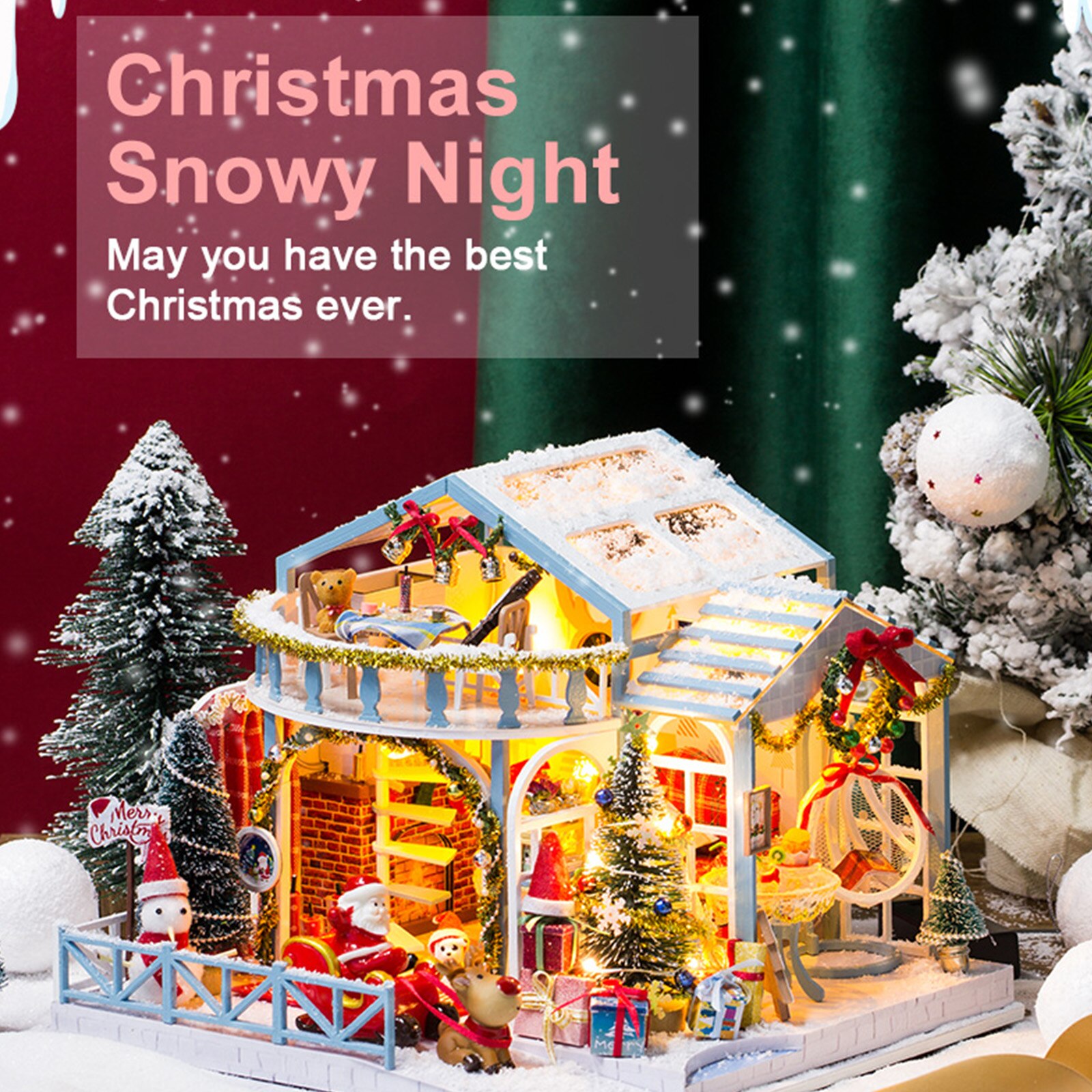 Christmas DIY Doll House Wooden Doll Houses Miniature Dollhouse Furniture Kit with LED Light Toys for Children Christmas