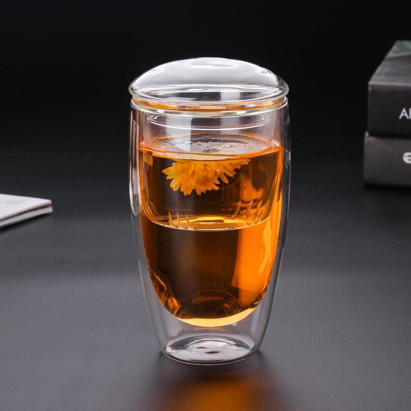 double walled high borosilicate glass tea cup, transparent food grade 350ml with infuser egg shape cup
