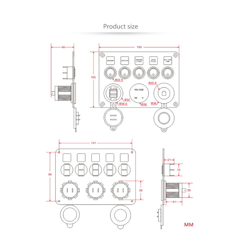 12 v 24 v Für Boot Yacht 5 Gang Marine Boot Schalter Panel Led Wasserdichte Schaltung Mit Voltmeter Dual USB ladegerät Panel Schalter