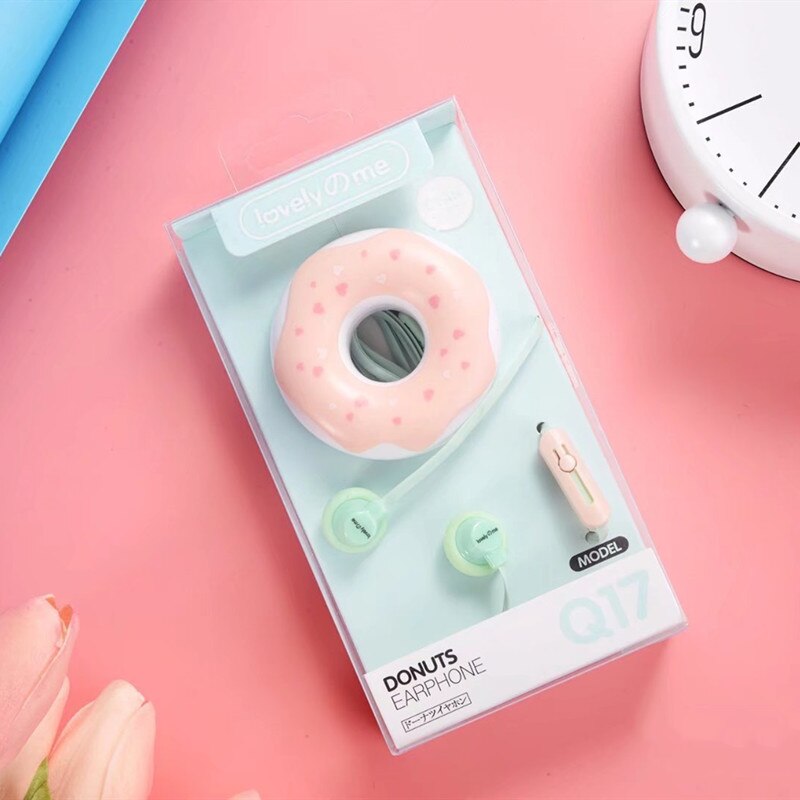 Cute Donuts Macaron Earphone 3.5mm In-ear Stereo Wired Earbuds with Mic Earphone Case for Kids Girls MP3 for IPhone Xiaomi: Green with pacakge