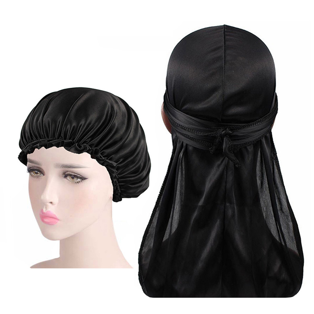Silkemyk durag og pansersett for menn og kvinner langhale du-rag waves cap turban: Mørkegrå