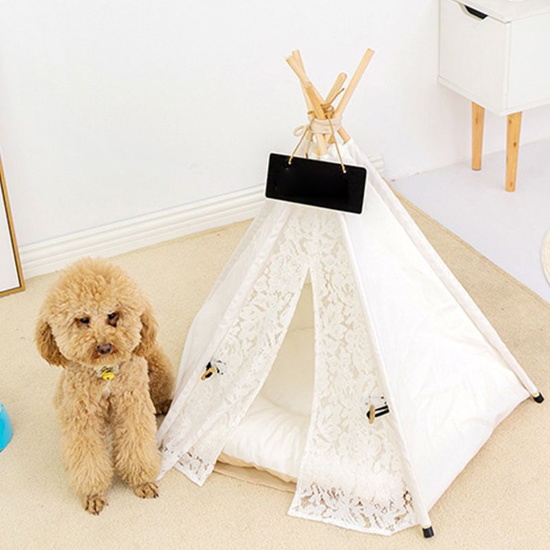 Enkel blonder robust trekant kæledyr teepee seng med pude luksus hundekatte telte kæledyr tipi seng