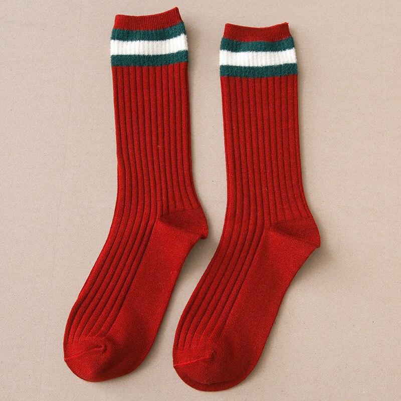 1Pair Warm Breathable Stripe Girl Long Socks Korean Style Polyester Middle Tube Stocking for Girl Sock: wine red