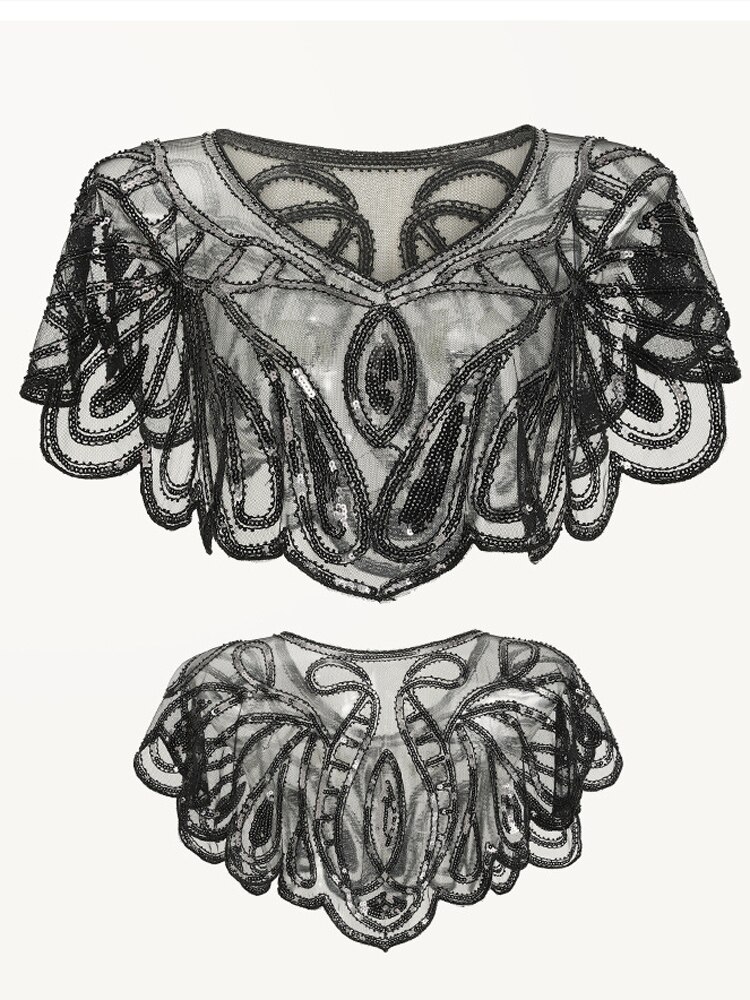Kort sjal med 1920s klaffer paljett beaded cape beaded dekorasjon gatsby party mesh kort dekkkjole vintage tilbehør: Svart