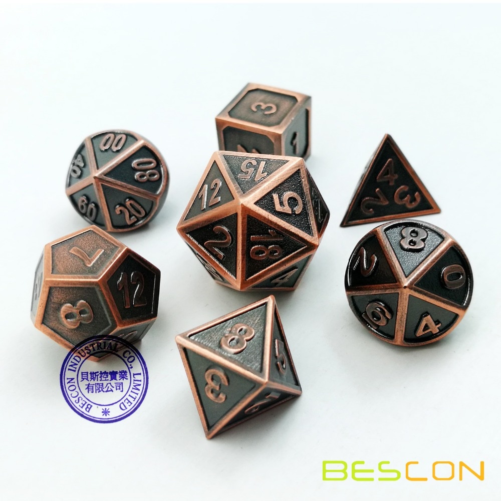 Bescon Stijl Koperen Solide Metalen Polyhedral D & D Dobbelstenen Set Van 7 Koperen Metallic Rpg Rol Playing Game dobbelstenen 7 Pcs Set D4-D20