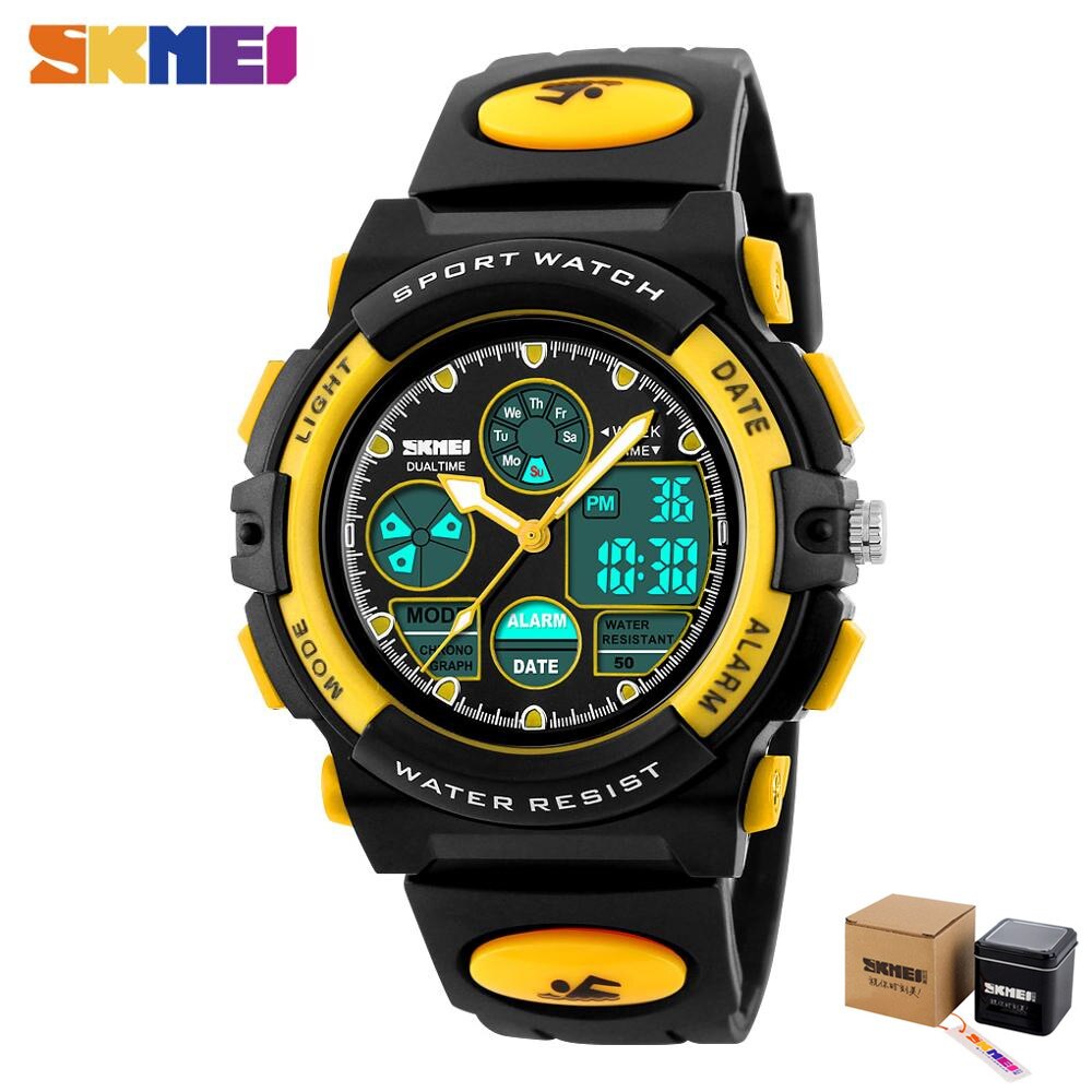 SKMEI 5Bar Waterproof Chronograph Luminous Children Digital Wrist Watch Kids Sport Watches Boys Girls Electronic Quartz Clock: yellow with box