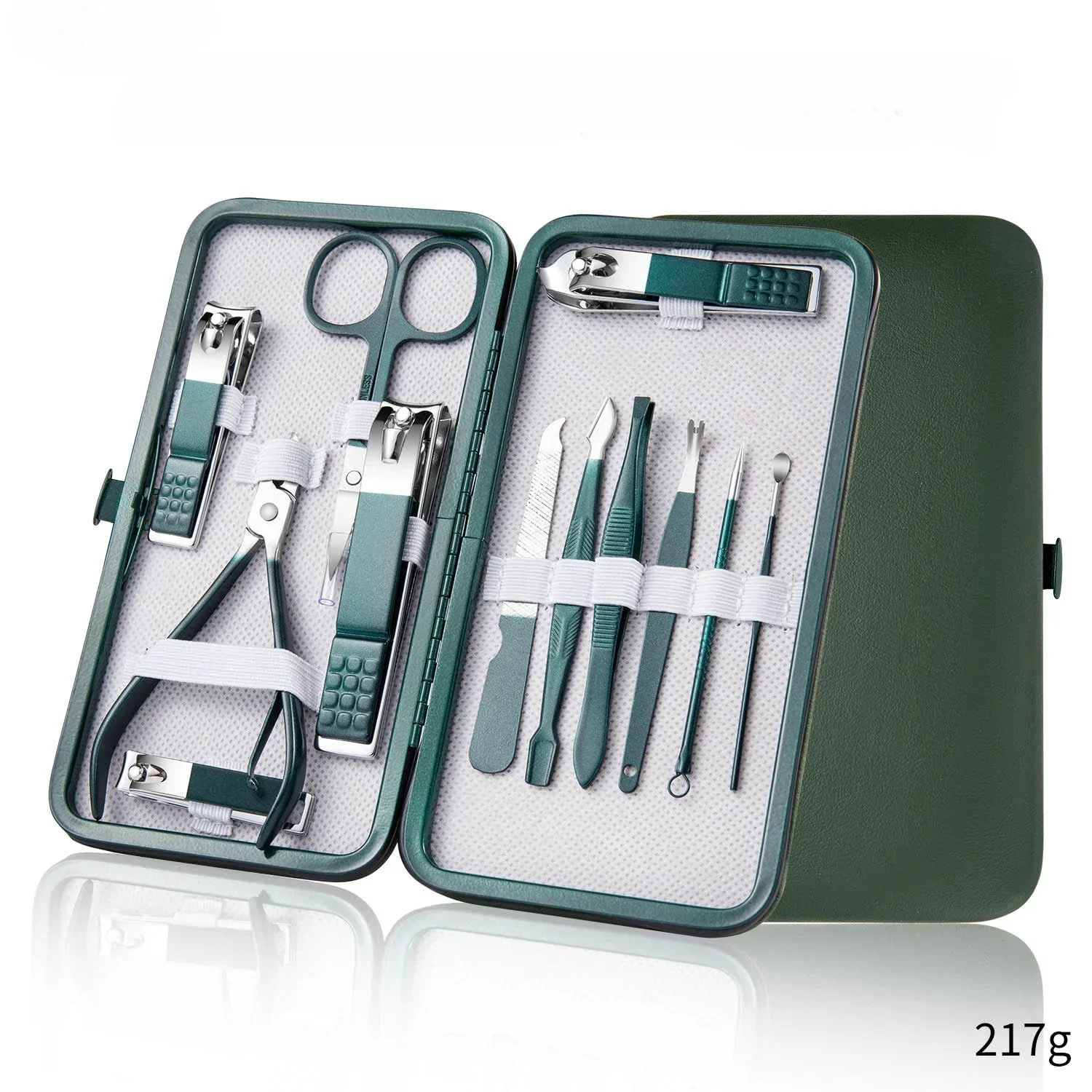 juego de cortaúñas de acero inoxidable con Estuche De Viaje de cuero, juego de herramientas de aseo verde para manicura, herramienta para el cuidado de los pies en el hogar: múltiple