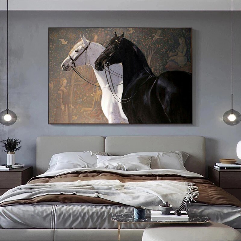 Retro Black White High Blood Horse Animal Canvas Painting Posters and Prints Wall Art Pictures Living Room Home Decor Cuadros