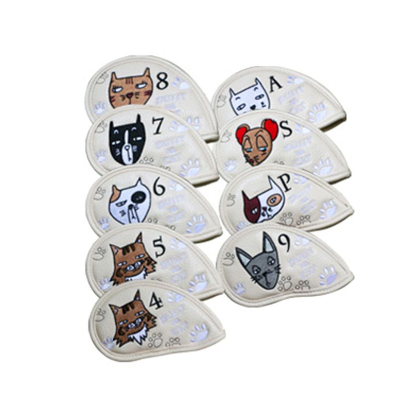 9 Pcs Draagbare Golf Club Headcovers Leuke Cartoon Kat Patroon Pu Waterdichte Fairway Hybrid Putter Cover Set Vintage: White