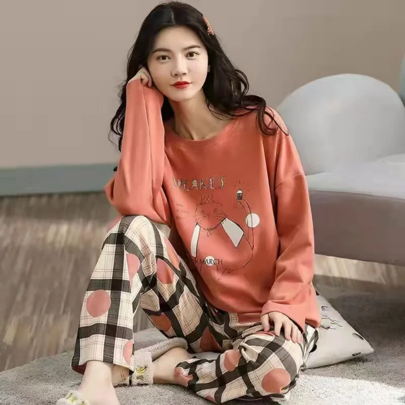 Kvinders pyjamas forår og efterår langærmet efterår og vinter hjemmetøj plus size enkelt løstsiddende jakkesæt overtøj