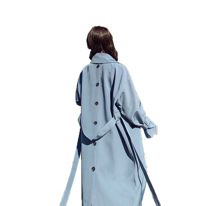 Gabardina fina azul para mujer, abrigo largo coreano con de botones en la espalda, abrigo rompevientos informal para mujer