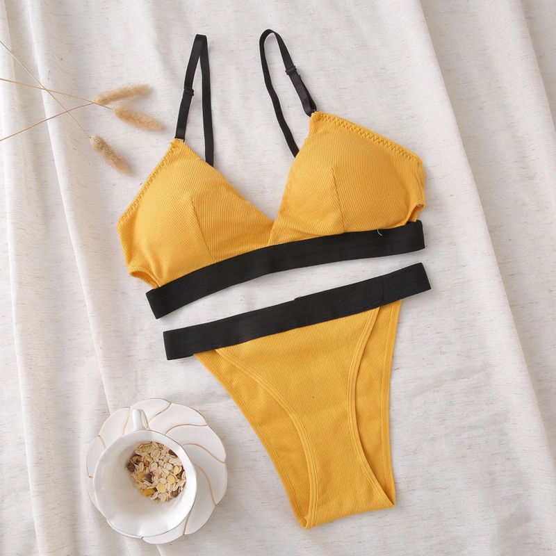 Bra Set Women Striped Underwear Push Up Seamless Lingerie Female Bra Briefs Set: Yellow