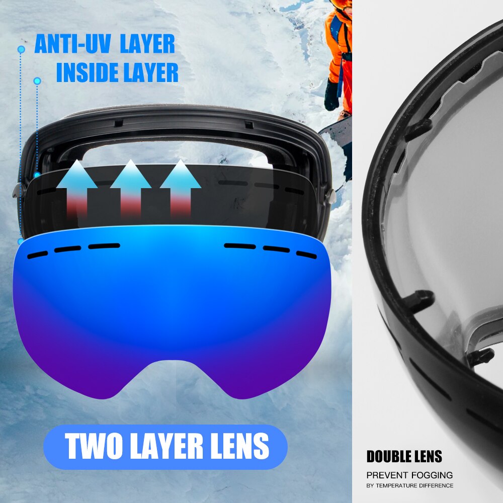 Queshark Mannen Vrouwen Skibrillen Dubbele Lagen UV400 Anti-Fog Grote Ski Masker Skiën Bril Sneeuw Snowboard Goggles Eyewear met Zak