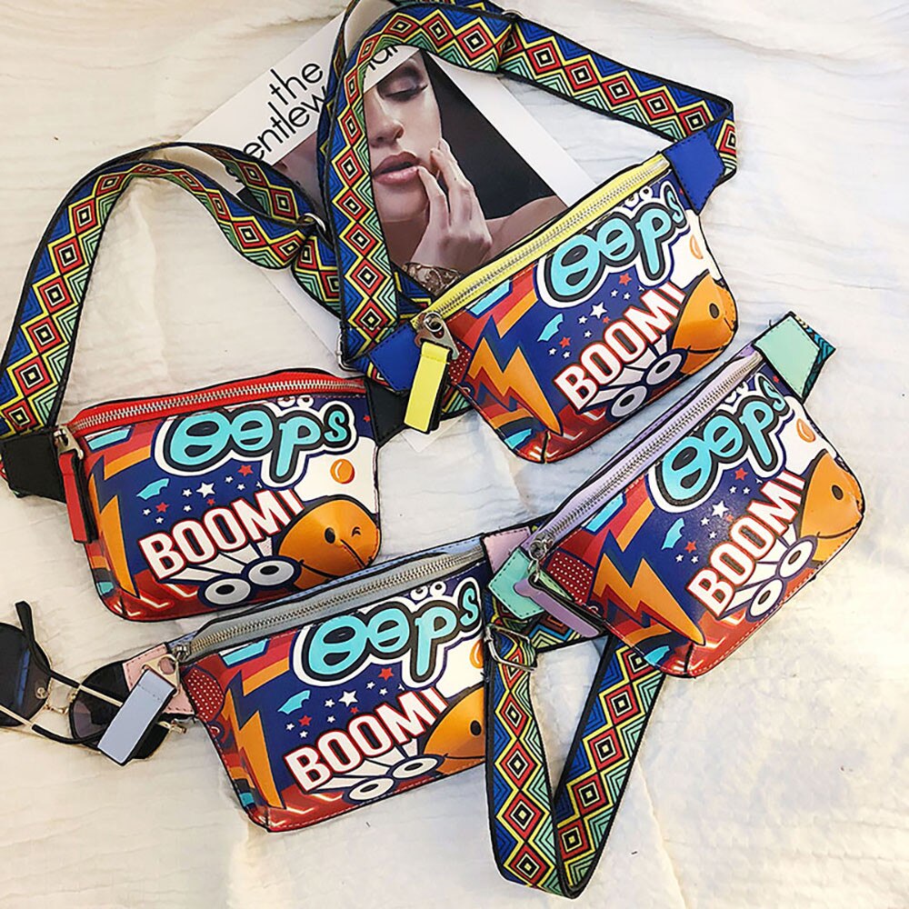 Vrouwen Borst Zak Kleurrijke Taille Verpakking Schoudertas Mode Graffiti Gedrukt Brede Schouderriem Messenger Bag Zipper Pouch